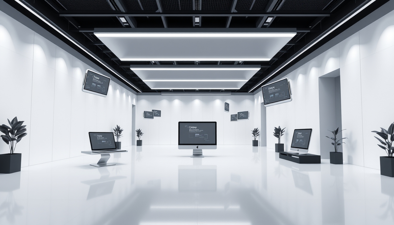 Futuristic Minimalist 3D Workspace with Floating Digital Devices on Business Background - Image