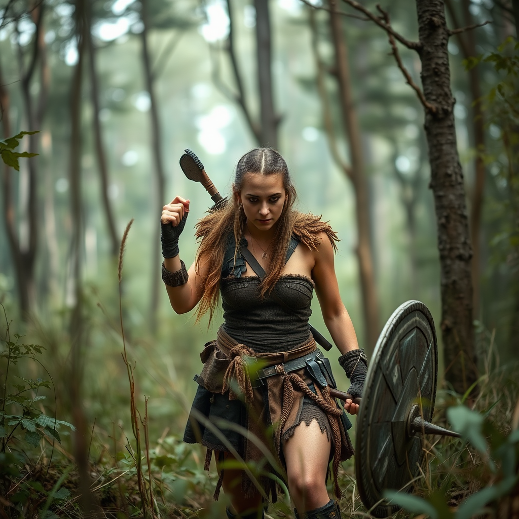 Real-life photography: In the forest, a female barbarian encounters danger.