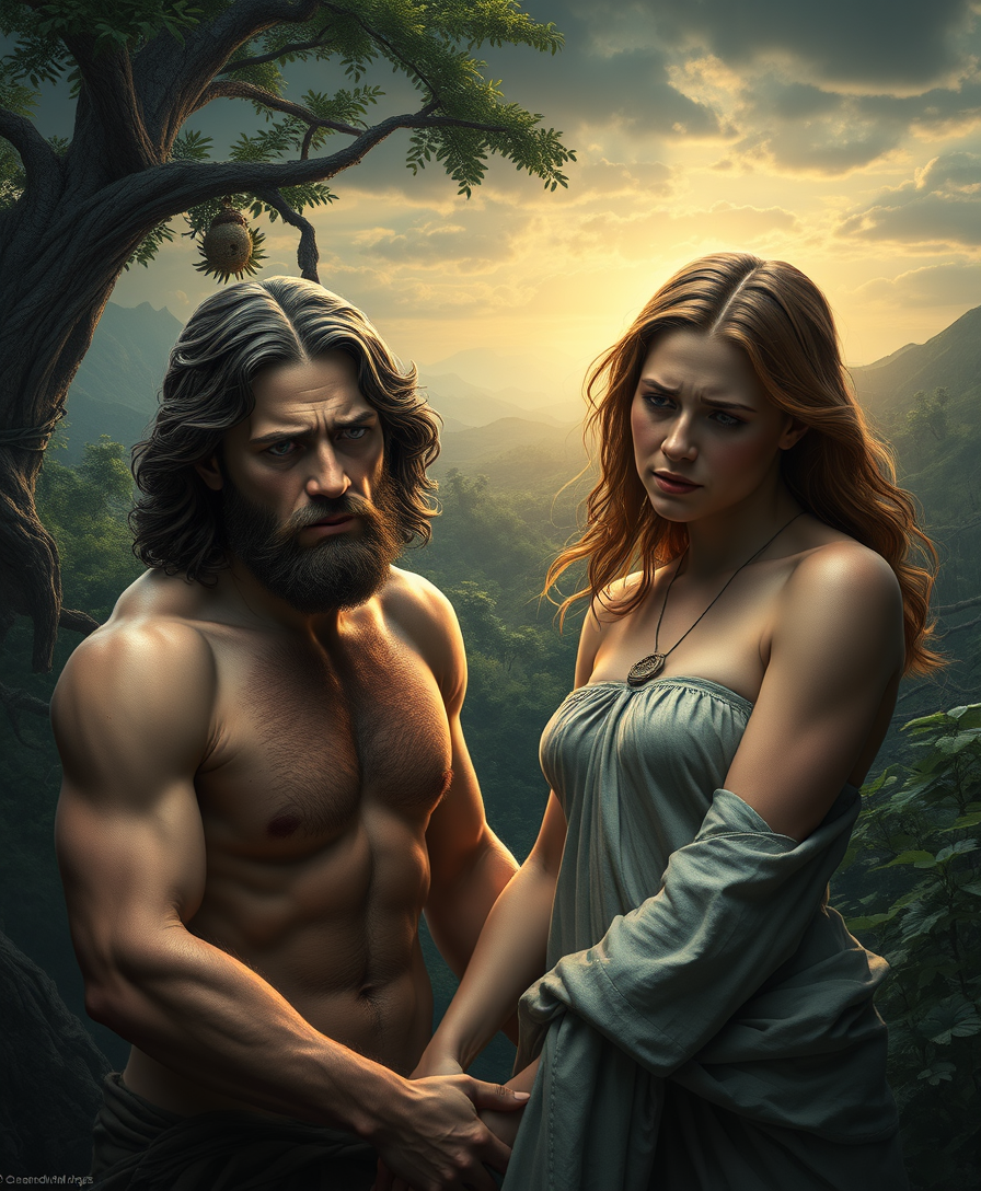 Create a full HD image of Adam and Eve in a tragic scene, capturing the moment of their expulsion from the Garden of Eden. The image should depict Adam and Eve with expressive, sorrowful faces, highlighting their emotional turmoil. The background should show a detailed and lush Garden of Eden transitioning into a more barren, desolate landscape. Use dramatic lighting to emphasize their sense of loss and regret. The scene should be rendered in a realistic style with high attention to detail, featuring muted and somber colors to enhance the atmosphere of tragedy and despair.