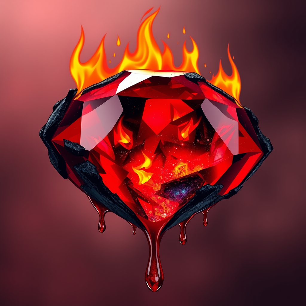 A tee shirt design of a beautiful ruby on fire with beautiful liquid red ruby dripping with flames. The ruby has black char all over it and subtle colorful embers burning in the ruby. Inside of the ruby should be reminiscent of beautiful galaxies perfectly blended with chaos. Striking and otherworldly on a transparent background. - Image