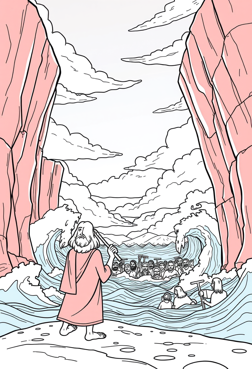 Depict Moses standing with his staff raised, as the Red Sea parts, with walls of water on either side and the Israelites crossing. a coloring book page, cartoon style, thick lines, low details, no shading.