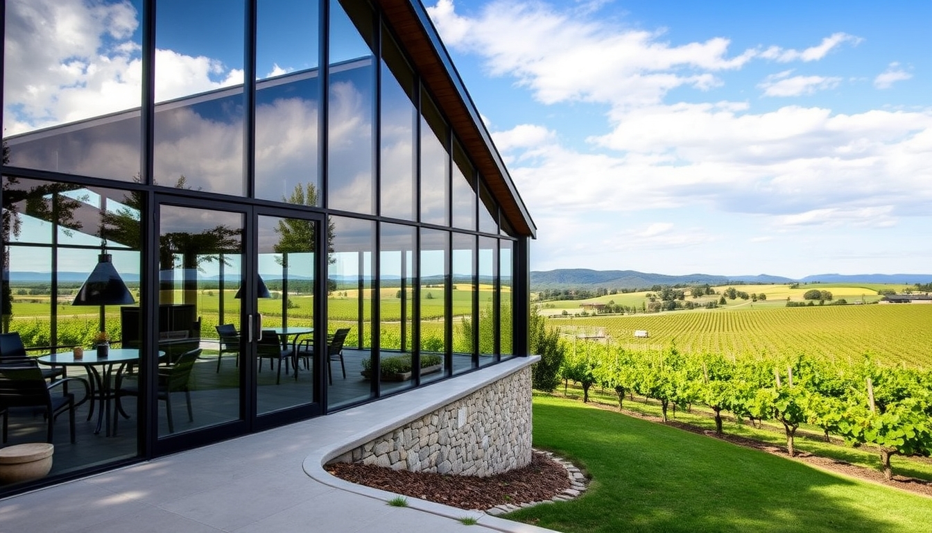 A picturesque vineyard with a glass-walled tasting room overlooking the grapevines.