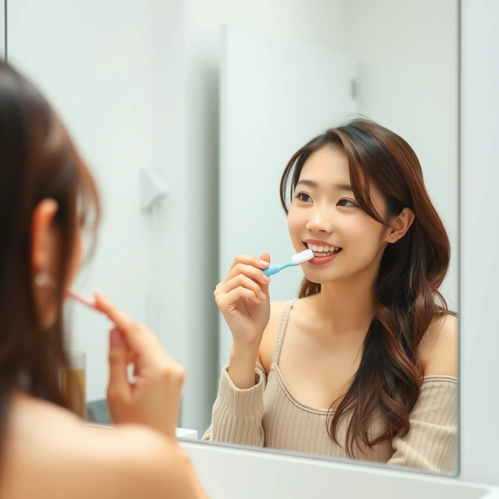 A young woman is brushing her teeth and looking in the mirror. Note, she is Korean.