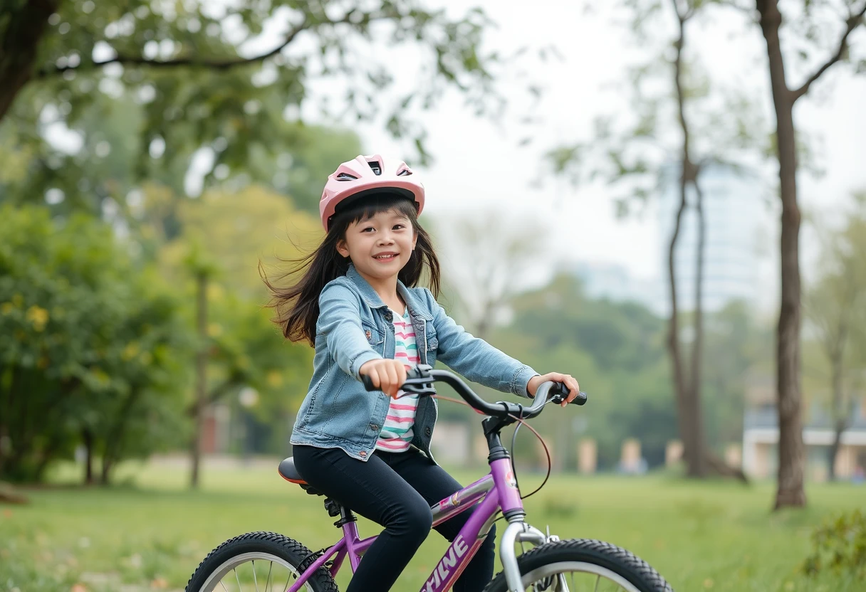 In the park, a ten-year-old Chinese girl is riding a bicycle. Long shot, full body photo. - Image