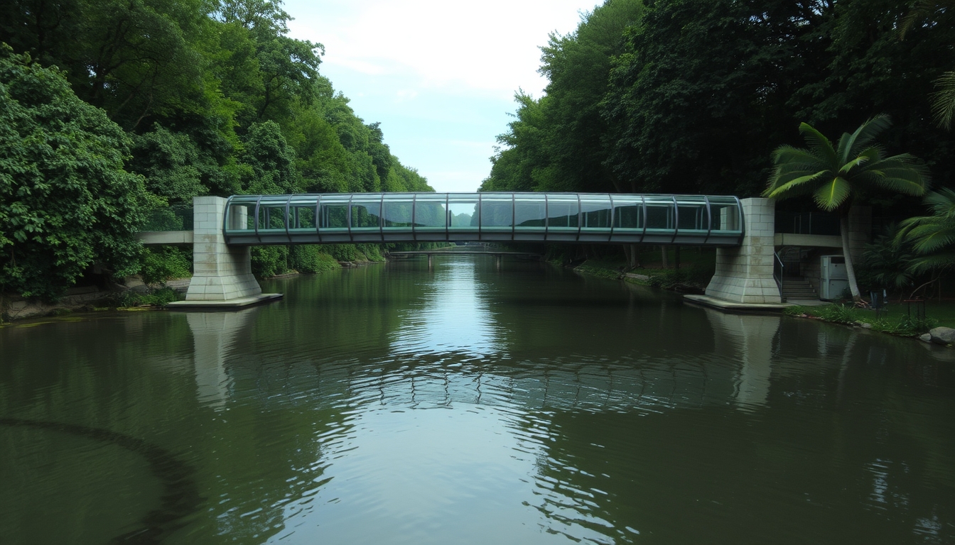 A serene river scene with a glass-bottomed bridge crossing over it.