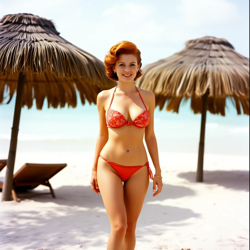 Redhead Lucille Ball in a bikini on a beach in Cuba.