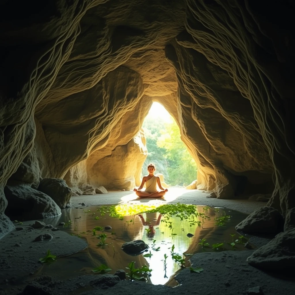 "A cave, a practitioner meditating inside, spring is vibrant, on flat ground."