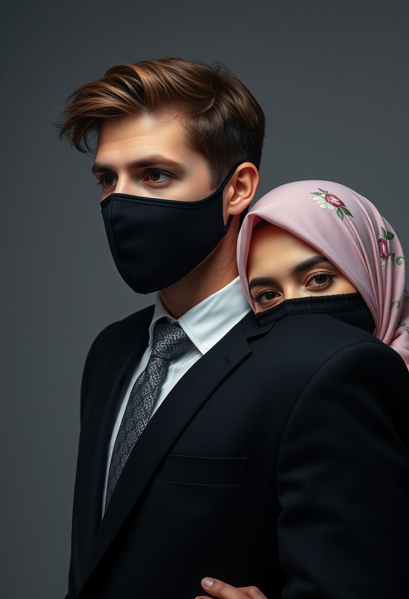 Jamie Dornan's head and body shot, handsome, young, black face mask, half-button white shirt, gray patterned tie, black suit coat, dating and in love with the biggest soft pink hijab girl, beautiful eyes, black face mask, biggest floral jubba, hyper-realistic, studio photography.