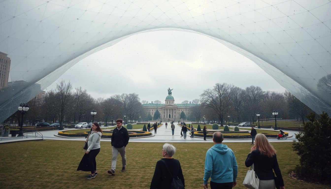 What would a park look like inside a transparent dome? People walking and relaxing peacefully in the park in any weather, rain or snow, hot or cold, outside the dome, the composition of the photo is outside the transparent dome. Looking at the inside from a distance. Inside is always pleasant weather.