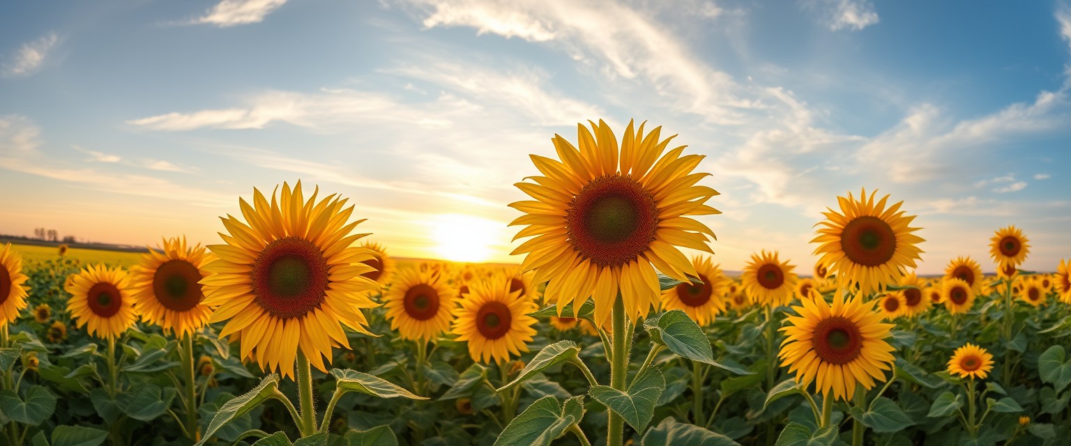 Vibrant, sunflower fields, golden blooms, high quality, photorealistic, summer, cheerful, idyllic, rural, panoramic, breathtaking, blue skies, windblown fields, sunset, floral arrangements.