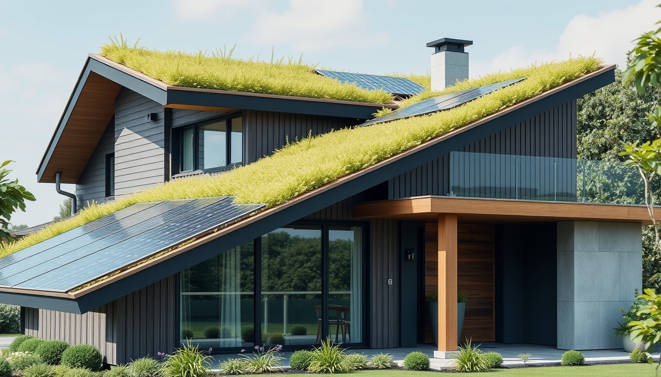 Modern eco-friendly house with solar panels, green rooftop, and sustainable materials. - Image