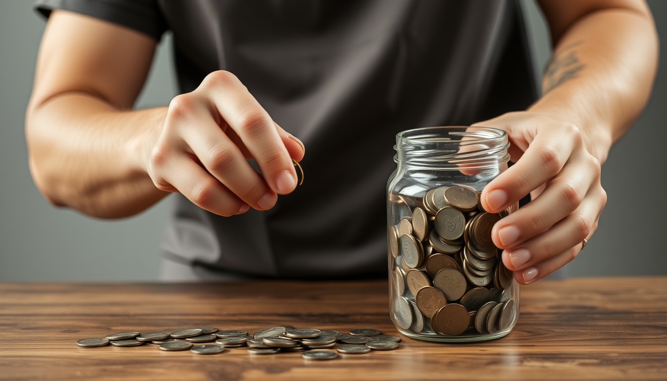 A person is pouring coins into a jar. - Image