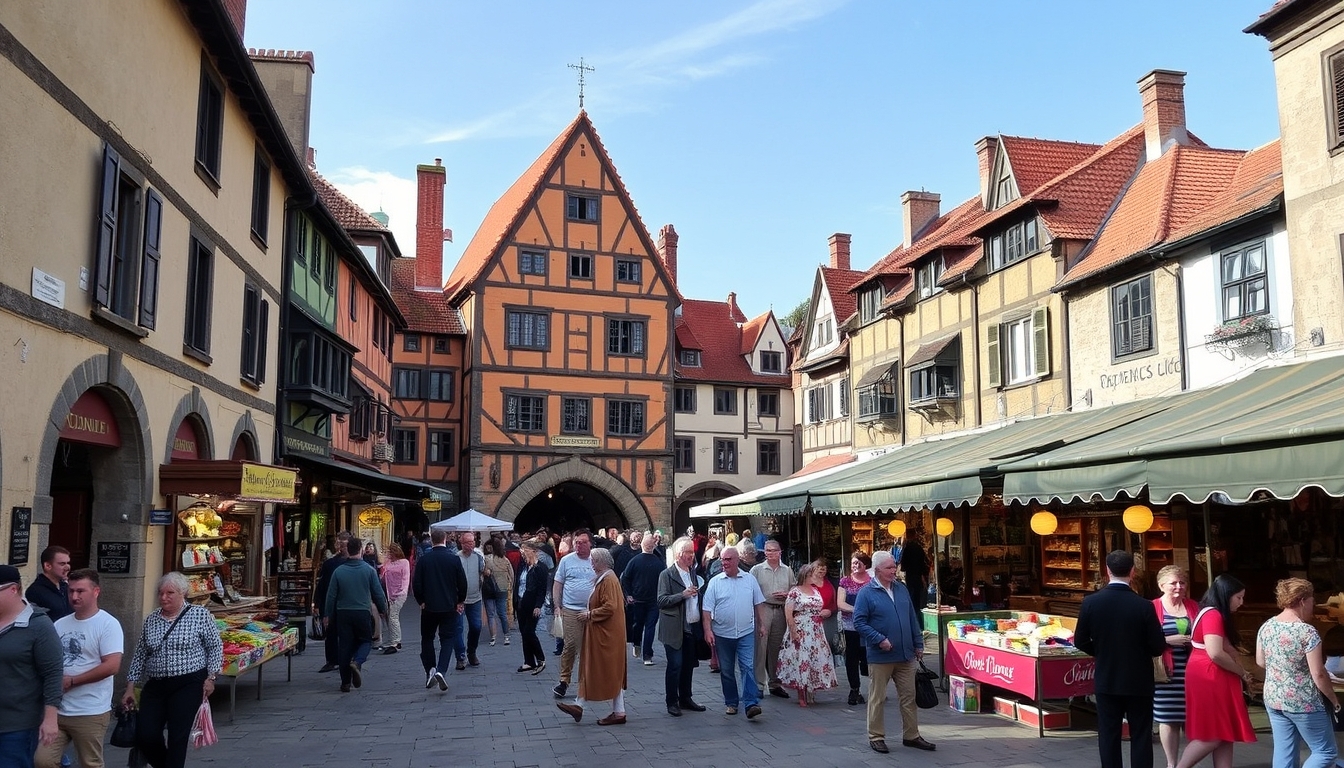 A bustling medieval market square with vibrant characters and colorful stalls.