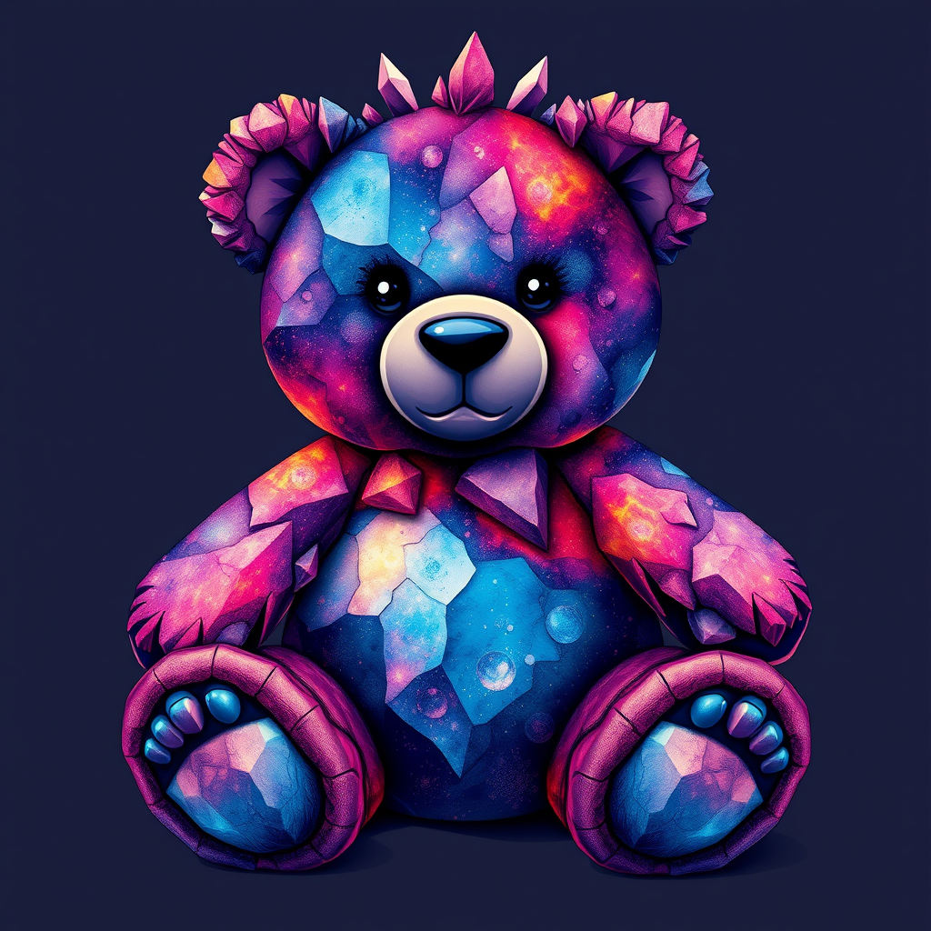 A tee shirt design of a teddy bear whose entire body, ears, and head are perfectly made of a beautiful jagged mineral that looks reminiscent of the universe with uneven colorful shards sticking out. Striking and beautiful, with deep blues and purples contrasting with vibrant reds and oranges.