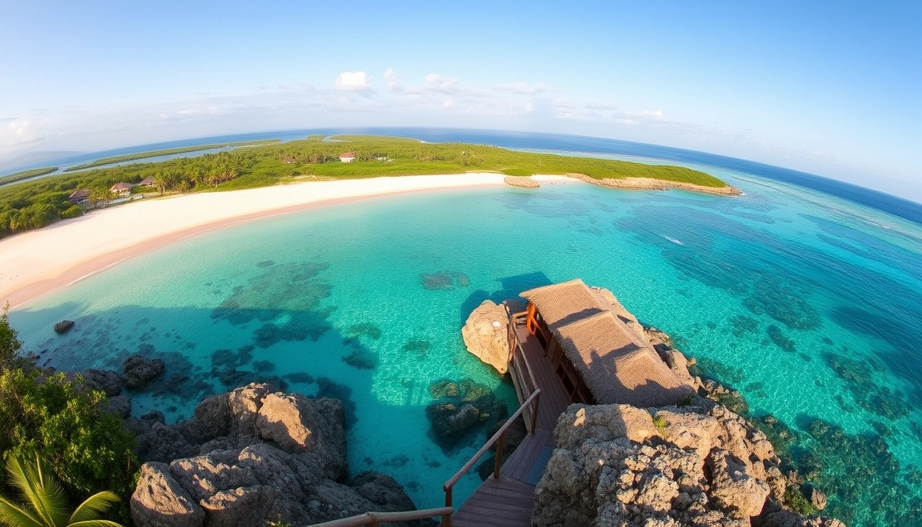 A panoramic view of a remote, pristine beach with crystal-clear waters, eco-friendly accommodations, and untouched natural beauty.