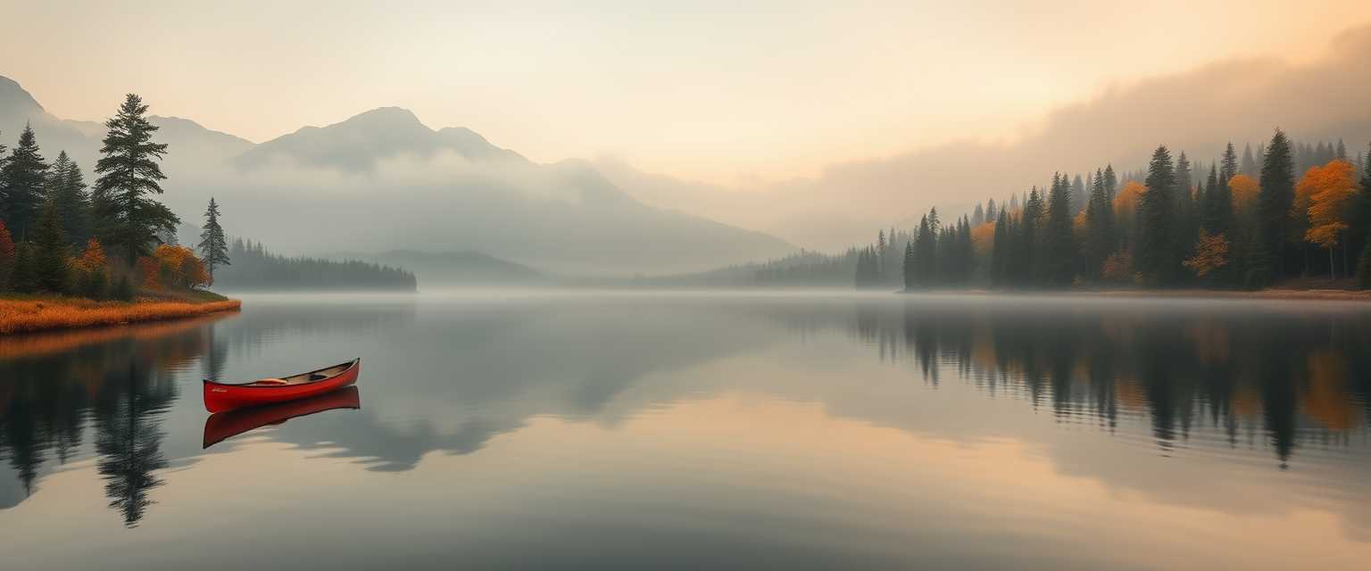 Peaceful, serene lake, mirror-like surface, misty morning, high quality, photorealistic, majestic mountains, pine trees, colorful autumn foliage, reflection, tranquil, secluded, remote, idyllic::0.7 kayaking, canoeing, rowboat, sunrise, sunset. - Image