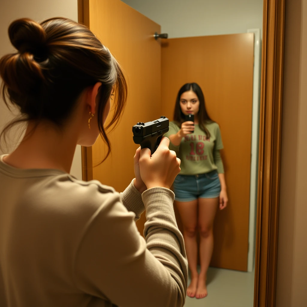 A young woman is holding a handgun while looking in the mirror, which is a full-length mirror, allowing her to see her legs. She fired the gun.