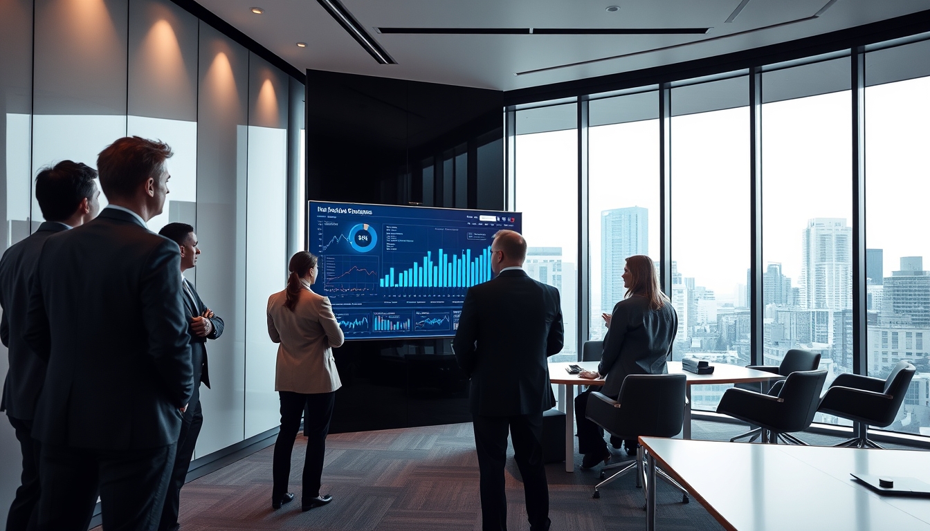 A sleek, modern office with a large digital screen displaying data analytics, surrounded by professionals engaged in discussion.