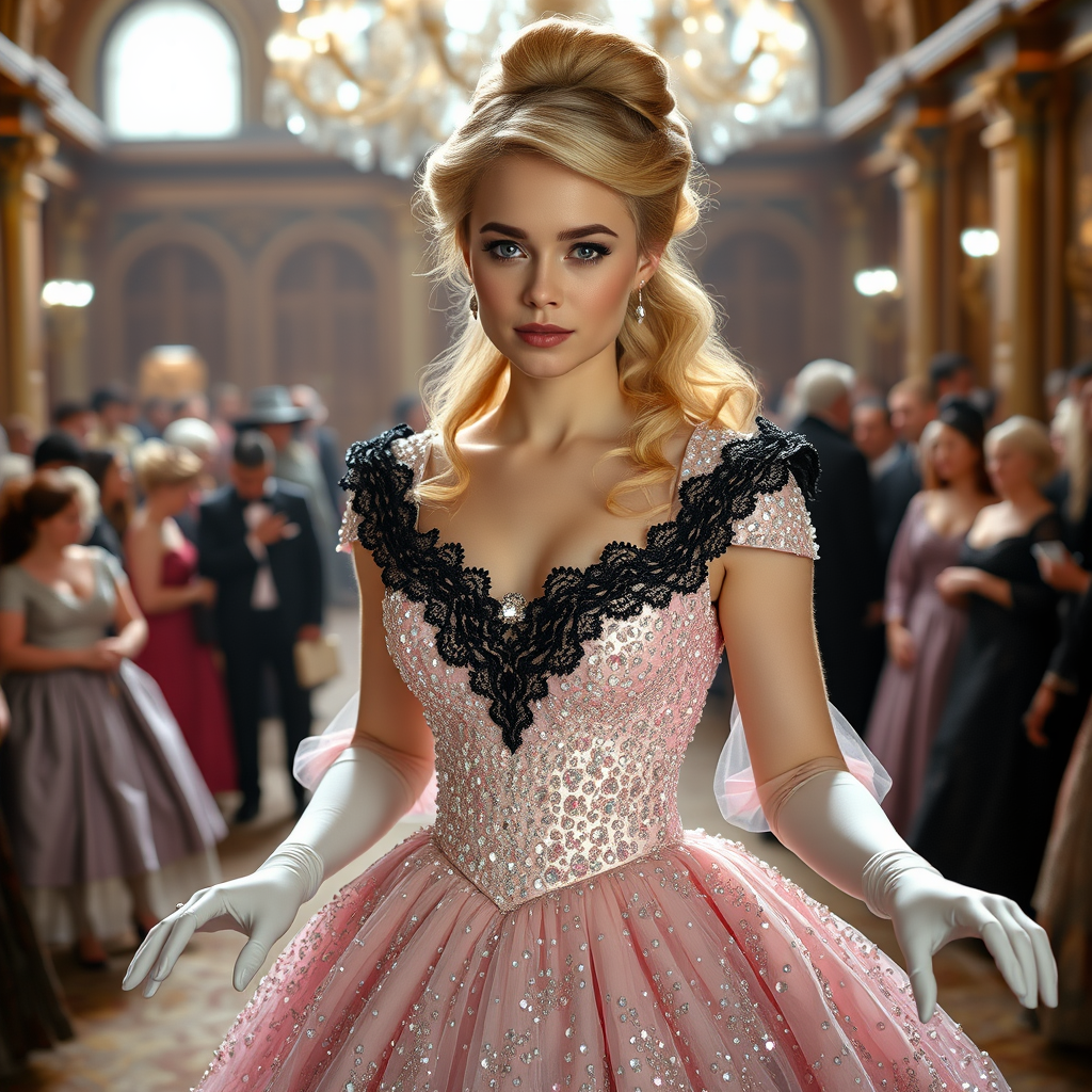 Blonde Cinderella, she is wearing a pearl pink gown covered in billions of shiny crystals, with black velvet lace around her neck, white long gloves, glass shoes, and her hair pulled up. She is entering a palace ballroom full of people. The image has a depth of field, gray eyes, set in the 1700s. She has perfect hands, a perfect face, and perfect eyes. The photograph is realistic, in 8K quality, and set in England.