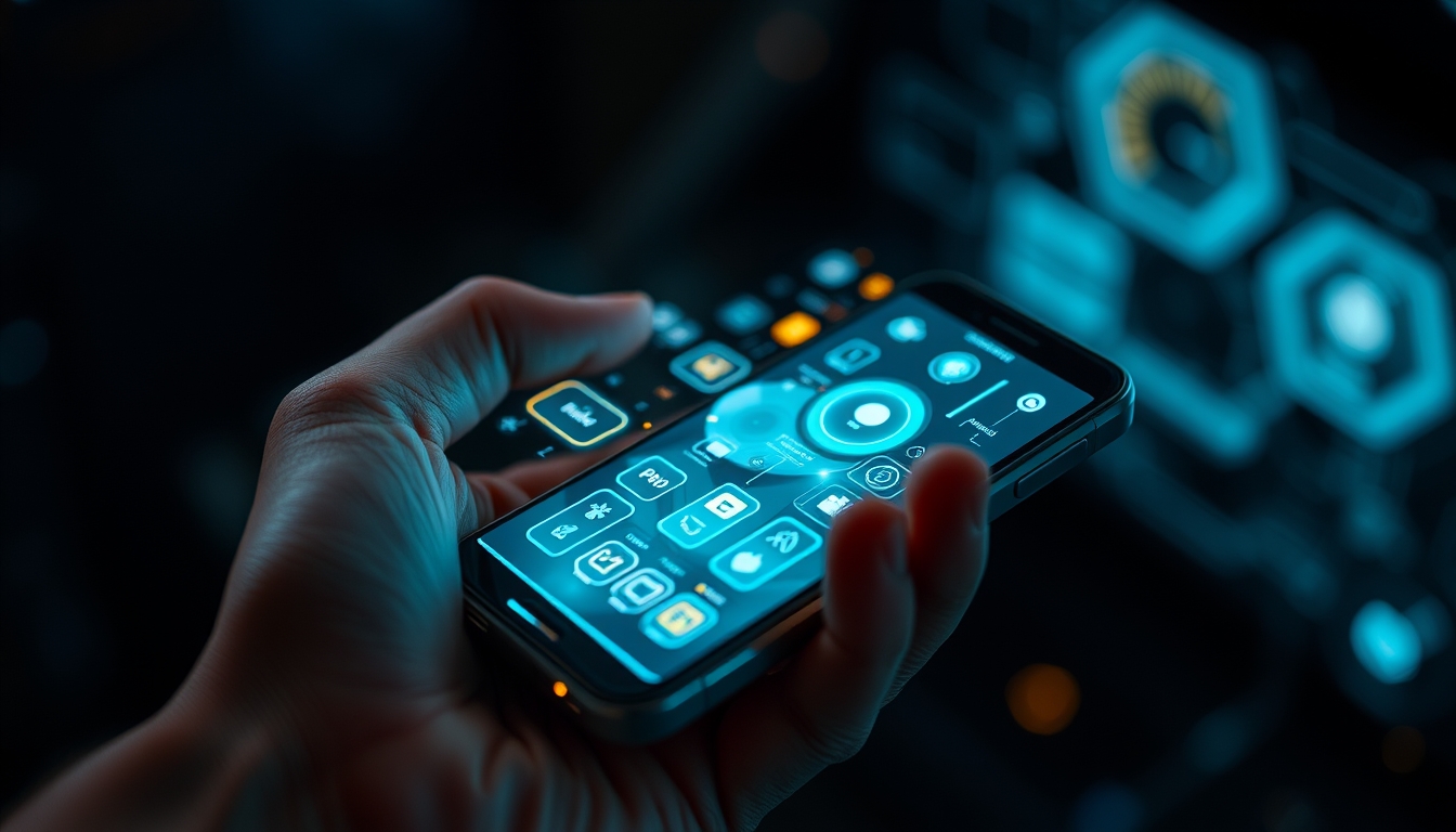 A close-up of a hand holding a futuristic smartphone, with holographic interfaces and glowing icons, set against a dark, tech-inspired background. - Image