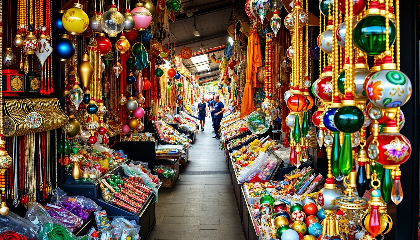 A bustling market with stalls selling colorful glass jewelry and ornaments.