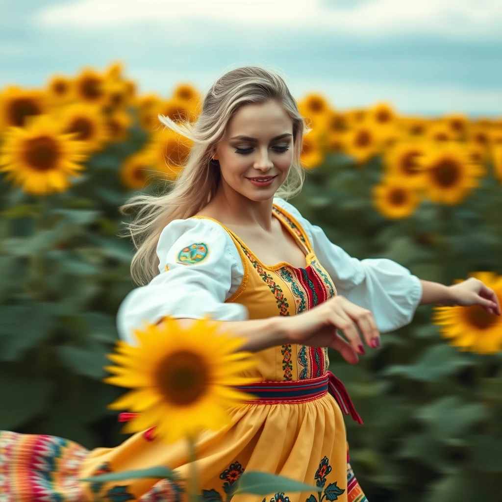 A Ukraine woman dancing in a sunflower field, 20 years old, blonde, with light in her eyes, (Ukraine traditional costume: 1.4), Style by Rick Remender, Motion blur, Movement, Full body, Award-winning work.