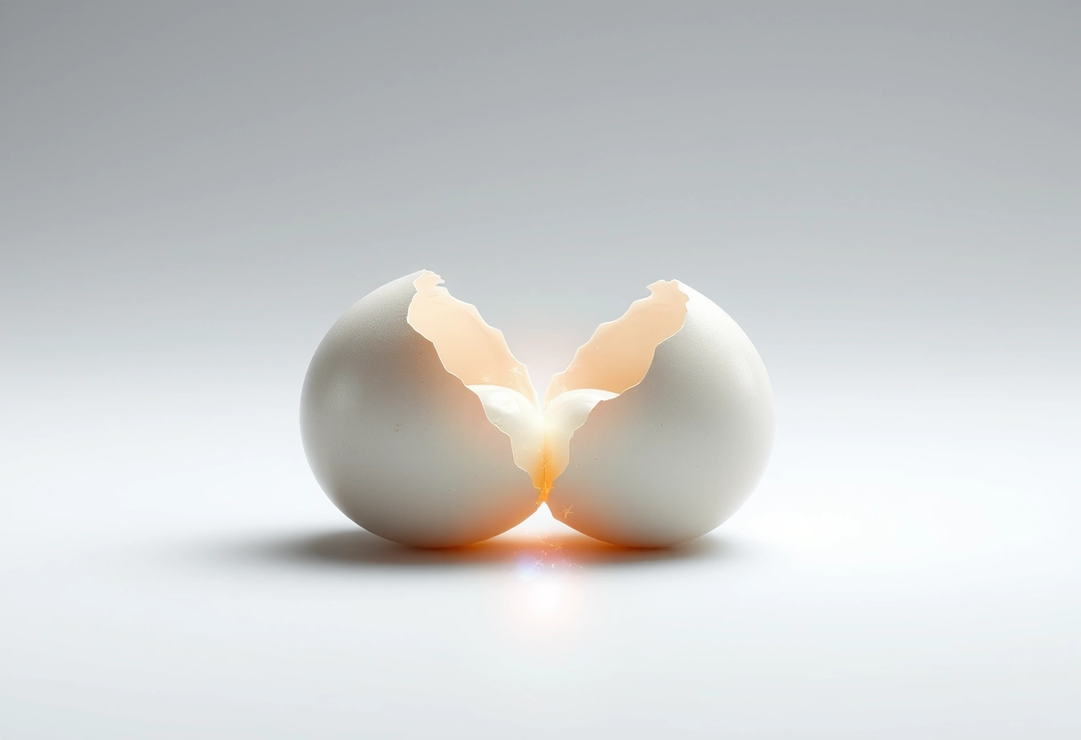 A broken egg split in half on an infinite pure white plane, with shimmering galaxy stars forming egg whites flowing out from between the two halves of the shell.