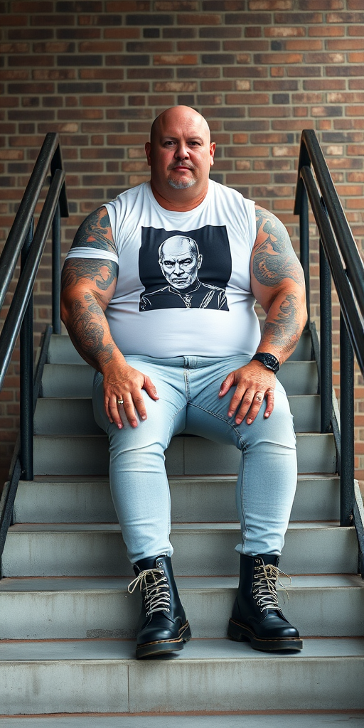 Prompt: a portrait-style photograph featuring an extremely huge 50-year-old muscular, beefy, handsome male skinhead sitting on a set of concrete stairs. He has a bald head, light skin, and is wearing a white t-shirt with a black and white graphic print of a person on it. His enormous muscular arms are heavily tattooed with intricate designs. He is also wearing tight bleached denim trousers that highlight their huge, muscular legs and black knee-high Dr. Martens boots with white laces. The background consists of a brick wall and metal handrails on either side of the stairs. The overall setting appears to be industrial.