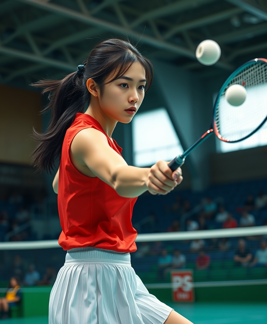 A detailed, realistic portrait of a young woman playing badminton in an indoor sports arena. The woman is wearing a bright red jersey and is mid-swing, her body in a dynamic, athletic pose as she focuses intently on the shuttlecock. The background is blurred, with glimpses of the court, net, and spectator stands visible. The lighting is natural and directional, creating shadows and highlights that accentuate the woman's features and muscular definition. The overall composition conveys a sense of energy, movement, and the intensity of the game. The image is highly detailed, with a photorealistic quality that captures the textures of the woman's clothing, skin, and the badminton equipment. A woman with a beautiful face like a Japanese idol, she is wearing a white pleated skirt.

Badminton rackets and shuttlecocks with dynamic swings and motion blur. Depiction of the human body with a flawless personality.