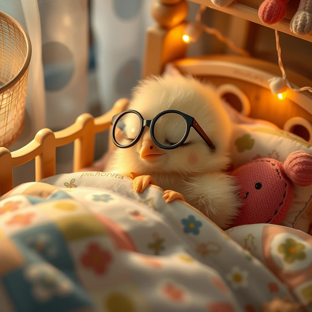 It's nighttime. A delicate, soft, sweet, tender, fragile Kawaii chick is wearing glasses, resting its head on the pillow, deeply asleep in its precious little bed with tiny bells, flowery patterns, soft colored lights, childlike details with the name PICHONCITA written on it, surrounded by patchwork blankets and accompanied by cute, colorful plush toys. Photography. - Image