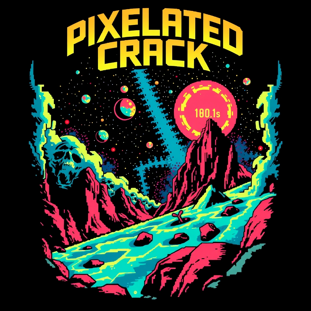 T-shirt design with a blocky colorful 8-bit style of death metal blended with chiptune. The visual should be unique and striking, but macabre blended with beauty, and the band name is "Pixelated Crack," featuring a scene inspired by space. - Image