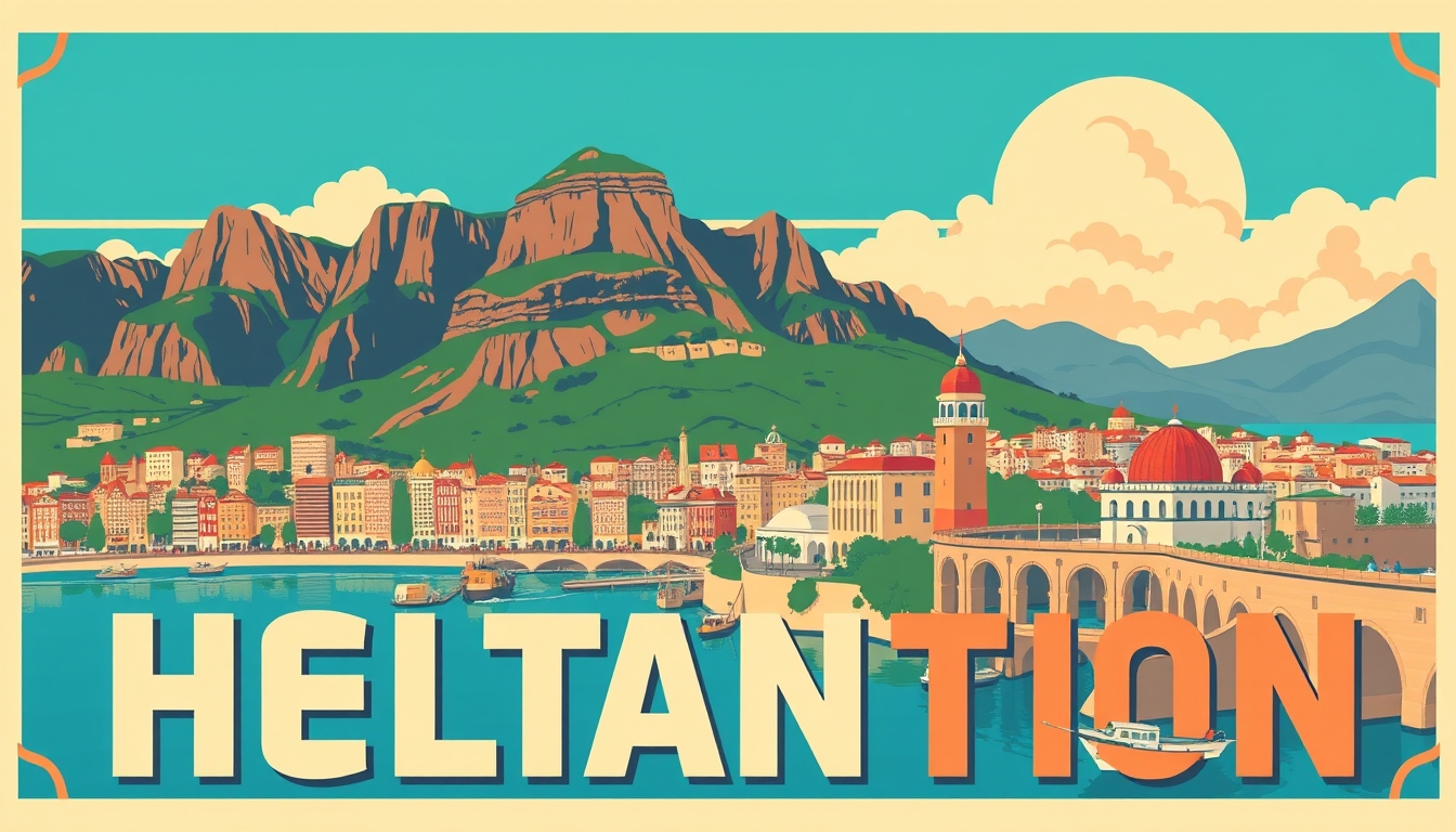 A stylized, retro-inspired travel poster featuring a picturesque destination, with bold typography and vibrant colors.