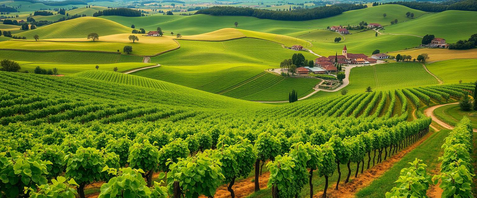 Verdant, rolling vineyards, grapevines, winemaking, high quality, photorealistic, rustic charm, scenic, harvest season, idyllic, countryside, panoramic, breathtaking::1.2 wine cellars, barrel aging, wine tasting, picturesque, countryside villas, grape harvest, winding roads.