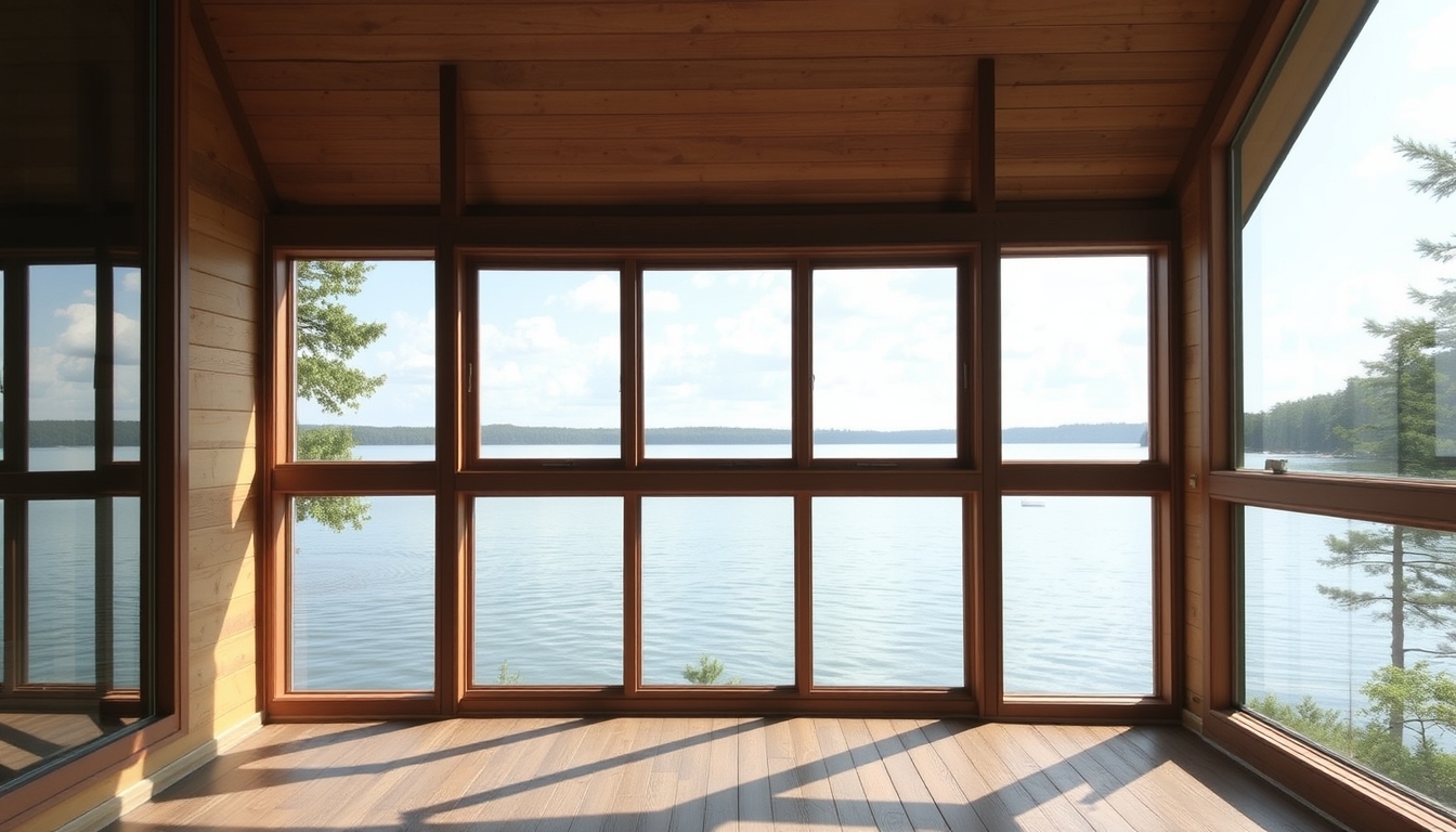 A serene lakeside cabin with a glass front, offering an unobstructed view of the water.