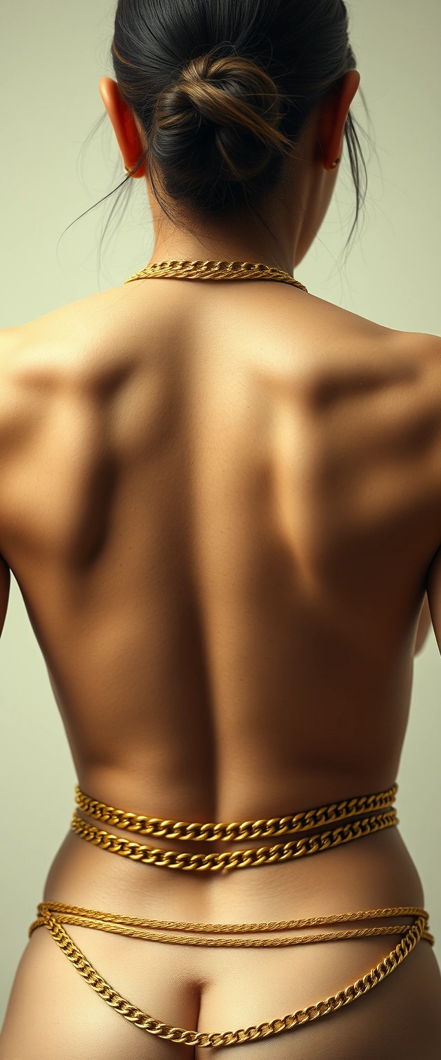 Reflection of a close-up view of the back of a godly, highly muscular, tall, strictly white-skinned Korean Indian woman wearing gold chains around her waist and neck. Narrow aperture, highly photorealistic sweaty white skin.