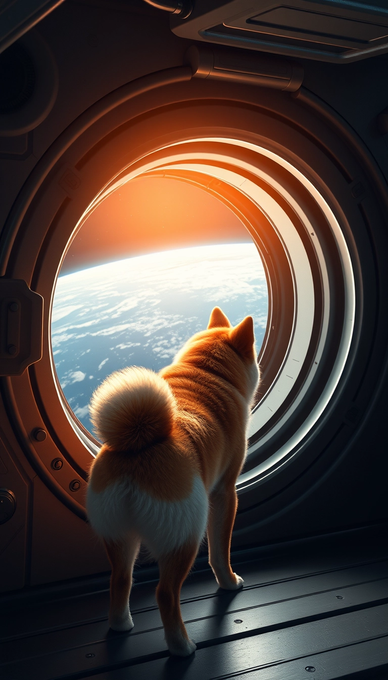 A little Shiba Inu stands by the porthole of a spaceship, looking out the window at Earth in the distance, high-definition quality, mobile wallpaper, realistic, a masterpiece.