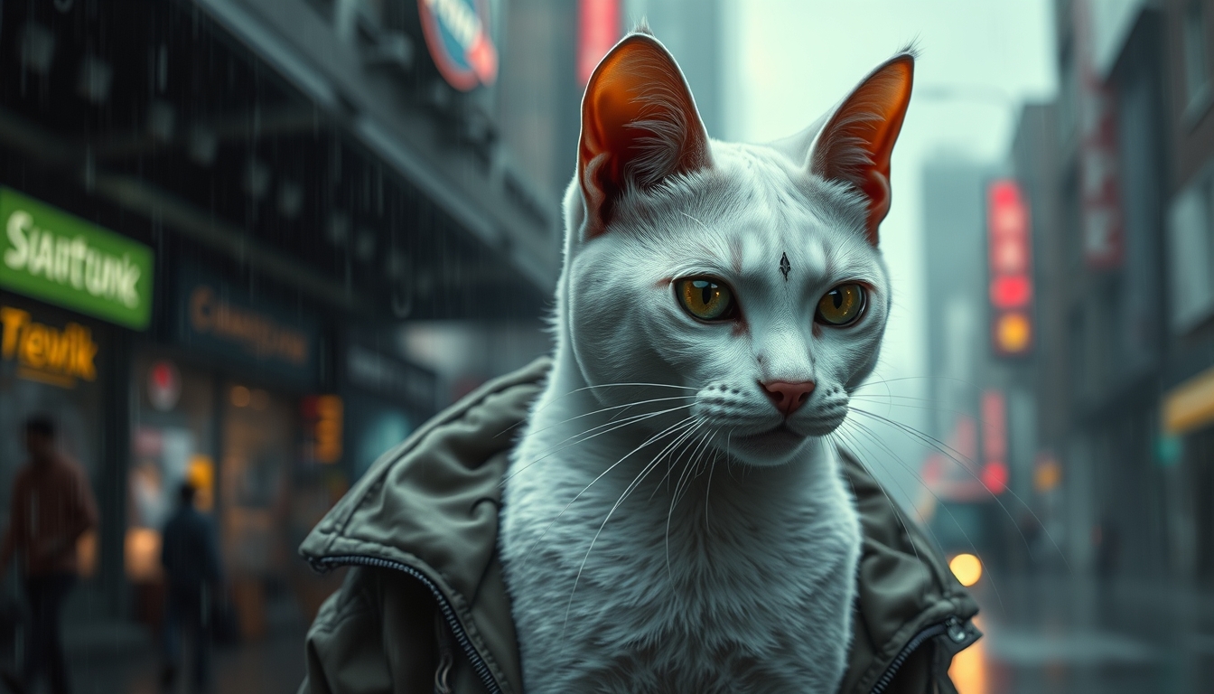 An adult white cat stands in a cyberpunk city, in the rain. He's wearing a cyberpunk-style jacket. The cat has an augmentation on his right eye and many scars. Kierpunk implants are visible on the cat. A masterpiece, maximum detail, cinematography. - Image