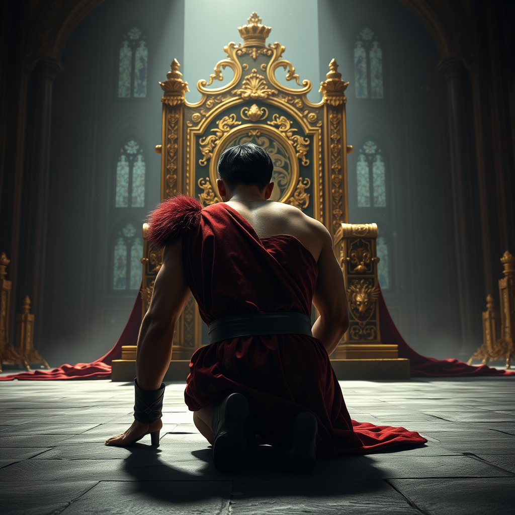 Main Character: A handsome and muscular king with short, dark hair and a chiseled jawline, wearing an intricately embroidered, velvet and ermine-trimmed crimson robe, is positioned on all fours, his head bowed to the ground in a posture of utter submission and fear. His body trembles slightly, conveying his apprehension and vulnerability. He is facing away from the viewer, his back and the crown on his head visible.  
Background: The immense golden throne dominates the scene, its towering presence casting a long, ominous shadow over the king. The throne is ornately carved with intricate details of mythical creatures and symbols of power. The setting is a dimly lit, vast hall with soaring stone arches and stained-glass windows, hinting at the grandeur and power of the kingdom. Dust motes dance in the single ray of light that illuminates the king from above.  
Visual Style: Photorealistic, dramatic lighting with a focus on the interplay of light and shadow, creating a somber and oppressive atmosphere. The color palette is rich and deep, with the gold of the throne contrasting sharply with the dark, muted tones of the hall and the king's robe. The overall composition should evoke a sense of power, fear, and the weight of responsibility. - Image