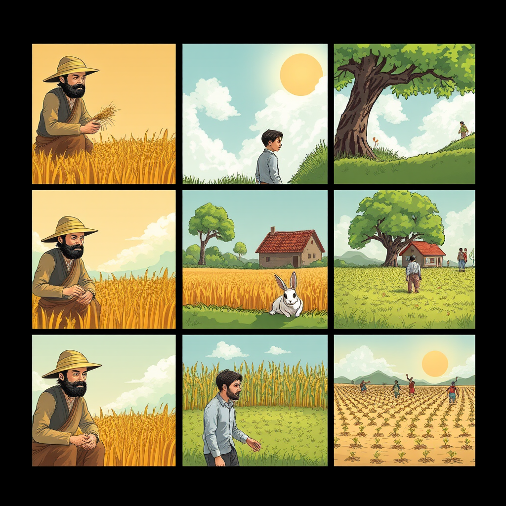 The image style is "cyberpunk," featuring an ancient farmer in a nine grid. The characters in each scene will all use the same farmer, ensuring that the face shape and clothing remain consistent throughout. In the first panel, the farmer is harvesting wheat. In the second panel, the farmer is sitting under a tree, a rabbit is rushing. In the third panel, the rabbit is lying on the ground. In the fourth panel, the farmer is walking toward a house. In the fifth panel, the farmer sits under the tree. In the sixth panel, the farmer sighs while sitting under the tree. In the seventh panel, the farmer stares blankly at the sky. In the eighth panel, the crops have withered. In the ninth panel, the farmer is planting seeds in the field.