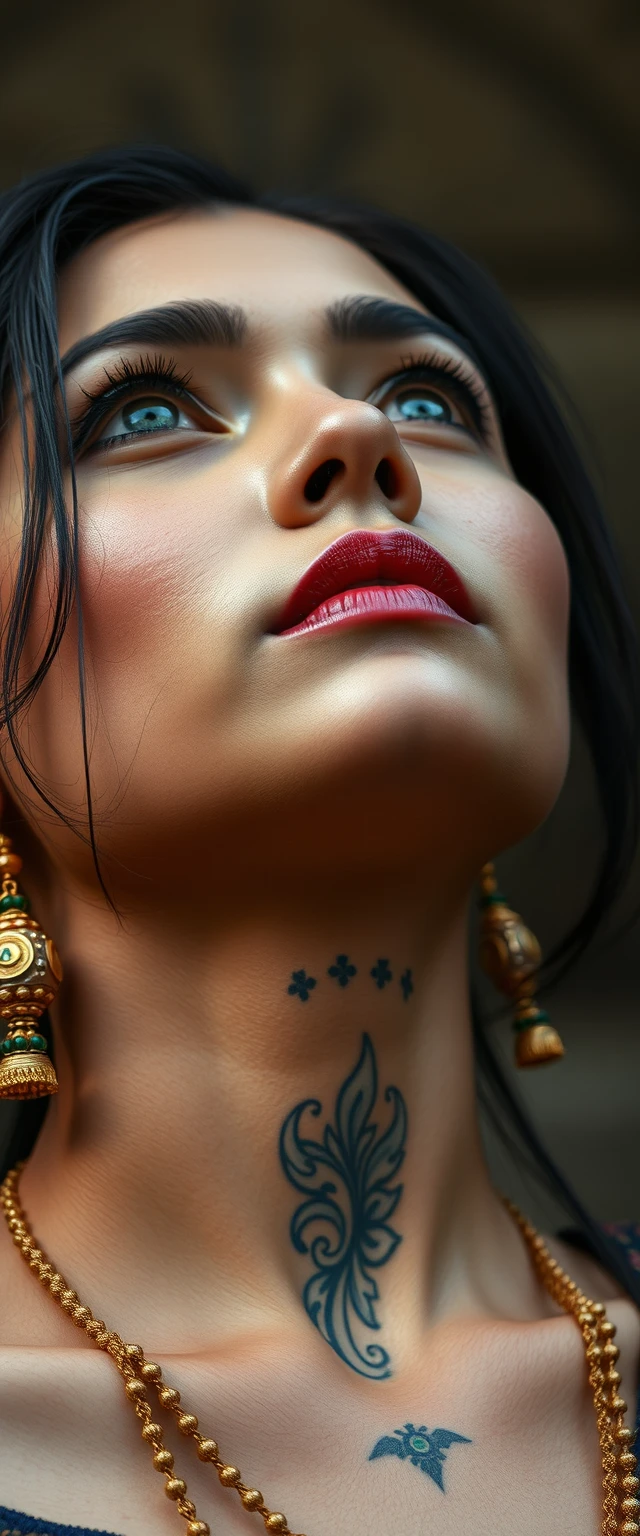 Close-up view of the tattooed neck of a fair-skinned Korean Indian woman with beautiful facial features and blue eyes, adorned with gold ornaments, gazing upwards.