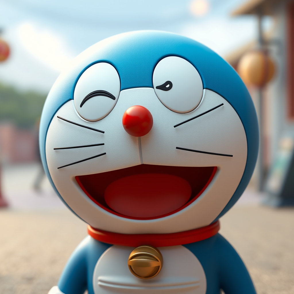 Pixar style, mouth open smiling Doraemon, hyper-realistic camera style, lifelike details, high-resolution texture, vivid colors, sharp focus, natural lighting, photorealistic quality, cinematic depth of field, true-to-life portrayal, full body, Doraemon 2 style.