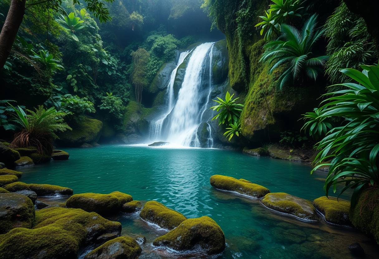 rfall, cascading, clear water, lush greenery, high quality, photorealistic, hidden oasis, serene, rainforest, breathtaking, secluded moss-covered rocks, tropical plants, natural pools, jungle trails, mist, - Image