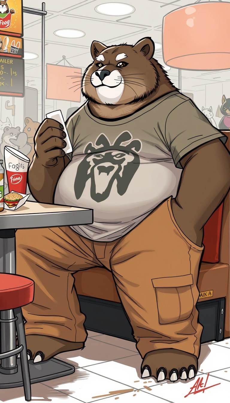 Anime, digital art sketch, anthropomorphic fat Bear Cougar hybrid, big wide tan cargo pants, massive bulge, large fantasy graphic T-shirt, wide waist overhang, sitting at a booth table, eating at a fantasy fast food restaurant, Anthropomorphic animals in background.