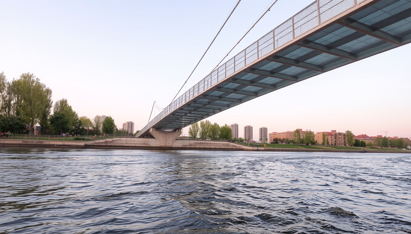 A serene river scene with a glass-bottomed bridge crossing over it.