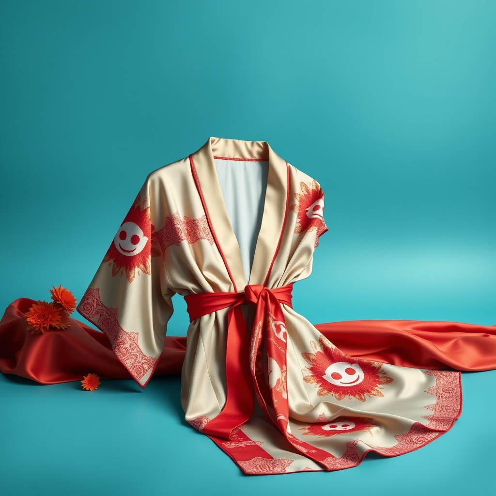 A vibrant and appealing still life image for online retail showcasing a Silk Kimono with a Reddit logo-printed decor in Sicilian heritage. The image should capture the essence of Italian style and highlight the product's elegance. Ensure that the composition is well-balanced, the colors are rich and inviting, and the Kimono is displayed prominently to attract potential customers to the product.