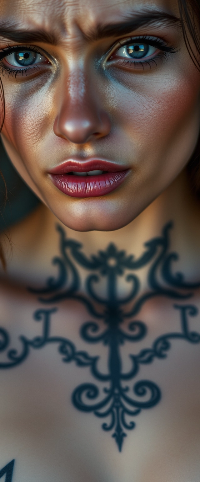 Close-up chest shot of a fair-skinned beautiful Indian-Korean woman with beautiful facial features and gray hypnotizing eyes, having face, chest, and neck tattoos and a crying expression. - Image