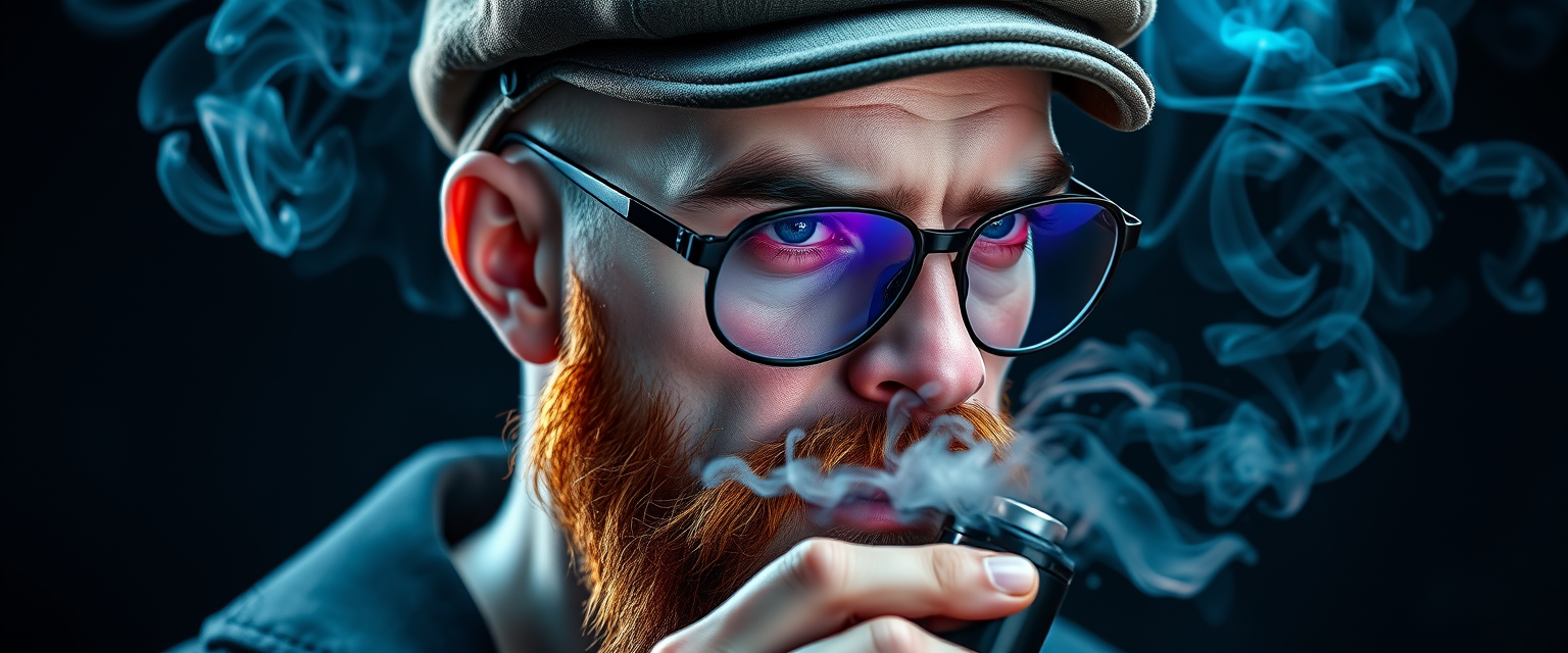 Three-quarter view of a sinister, bald human male with demonic features. A short ginger beard contrasts with dark eyebrows. He wears a weathered flatcap and reflective aviator glasses. He clutches a sleek vapemod, exhaling dense, swirling vapor clouds. Vibrant e-liquid drips off his pale skin, creating a colorful aura. Hyper-realistic, highly detailed. - Image