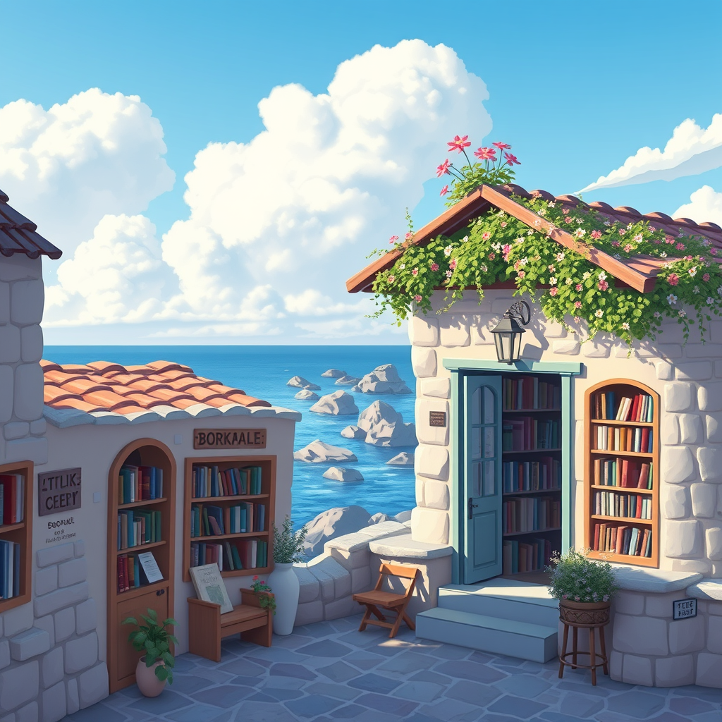 A bookstore beside the sea, small stone streets, little flowers on the roof, books on the shelf, opened doors, semi-cartoon style, blue sky, white clouds, you can see stones in the sea far away. Camera shot on Sony AR7. Sweet Classic Tales Bookstore. - Image