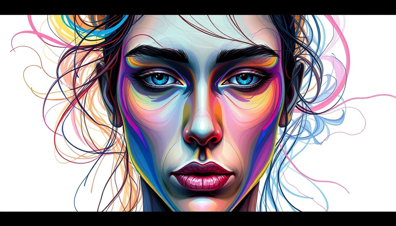 A digital painting of a human face composed of colorful, swirling lines and shapes, blending realism with abstract elements.