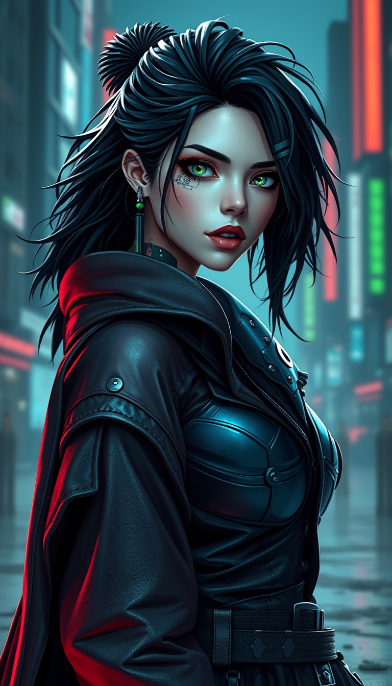 Cyber style of a female warrior with rugged black hair and cybernetic implants | merging leather garments with futuristic cyberpunk elements | flowing robes and high-tech armor plating | dystopian cityscape background | in deep blue and neon green. hyper-real, 8k, AR, cute face style, no up. - Image